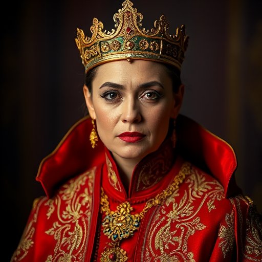 A regal figure dressed in an ornate red garment with intricate gold detailing, dramatic lighting highlighting the face, studio portrait, 85mm lens, f/1.8 aperture, ISO 100, soft focus background, shallow depth of field, DSLR camera.