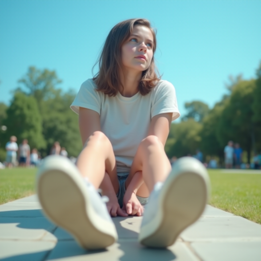 Generate an ultra-realistic, highly detailed, high-definition photograph. It's a photo of a girl sitting on the floor. She's looking at the horizon. The photo is taken from the bottom up, at ground level. The girl's sneakers are in the foreground, in the center of the scene. The girl is wearing light clothes, a t-shirt and short shorts. The sky is blue. Bright environment. The background is a blurred image of a park.