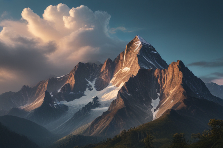 Majestic Mountain Peak Bathed in Golden Light Under Dramatic Sky Clouds.