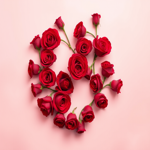 Create a vibrant heart shape filled with red roses on a soft gradient background, captured with a DSLR camera at f/2.8, ISO 100, 50mm lens, in a close-up view to emphasize details and textures.