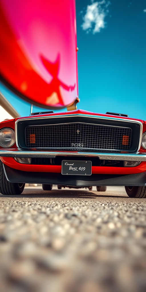 Create a high-resolution image of a classic 1969 Ford Mustang Boss 429 from a low angle perspective with vibrant colors, using a Canon EOS R5 camera, aperture f/8, ISO 100, 24mm lens, in natural light to emphasize details and enhance color contrast.