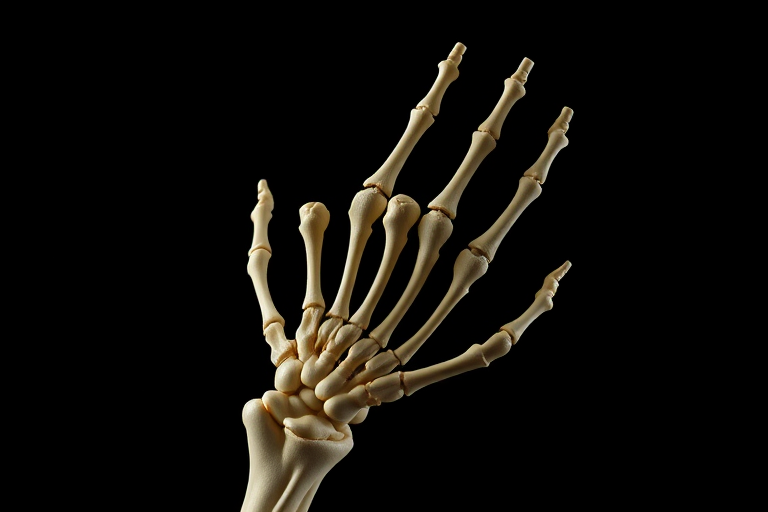 Create a highly detailed and artistic rendition of a human skeleton hand on a black background, using a Canon EOS R5 with a 85mm f/1.2 lens, aperture set to f/2.0, ISO 100, and shutter speed 1/250s, in a dramatic high-contrast lighting style.