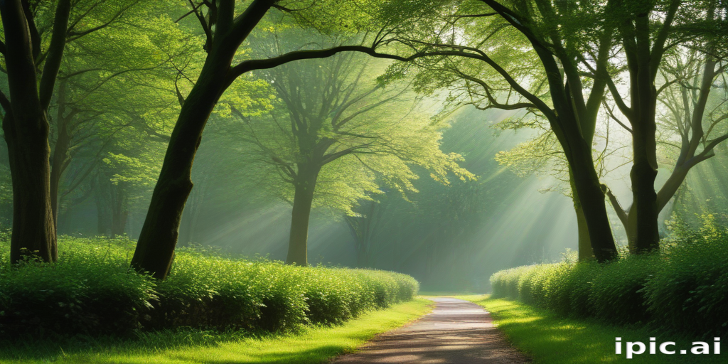 A Serene Pathway Through Lush Green Trees Bathed in Soft Sunlight