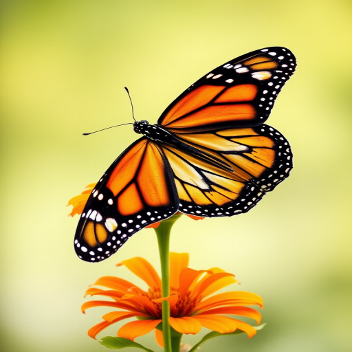 Generate an image of a monarch butterfly perched on a vibrant orange flower. The butterfly should display its characteristic black and orange wing patterns, while the flower should have bright petals and a green stem with leaves. The background should be softly blurred to emphasize the butterfly and flower.