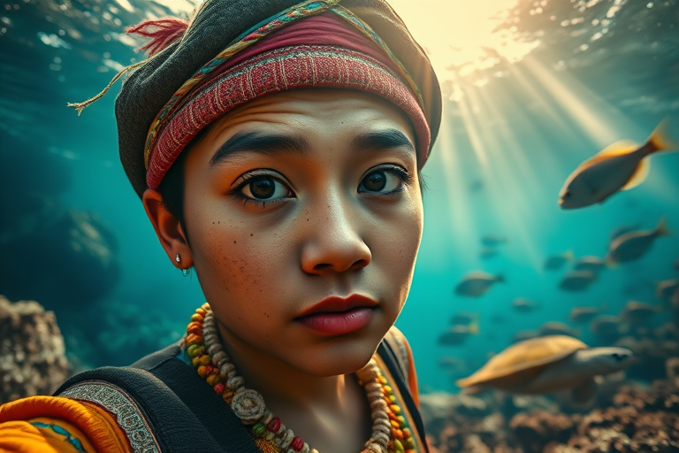 Realistic selfie image of a Quechua, wearing a vintage outfit, detailed dreamy eyes, droopy hooded eyes, staring at the camera, taken underwater at coral reef with a sunbeam filtering through the water, vibrant, summer vacation, natural lighting, turtle and school of tropical fish with vibrant colors, rendered in the style of CryEngine, Pegi Nicol MacLeod, with realistic genre scenes, hauntingly beautiful narratives, ultra-realism, and Thomas Saliot's close-up technique, 8K resolution, crystal clear and sparkling water.