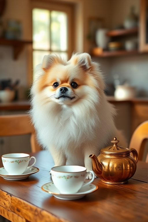 A fluffy Pomeranian dog sitting on a wooden table with vintage tea cups and a teapot in a warm, sunlit kitchen, captured with a Canon EOS R5, 50mm lens, f/1.8 aperture, ISO 100, natural light, shallow depth of field.
