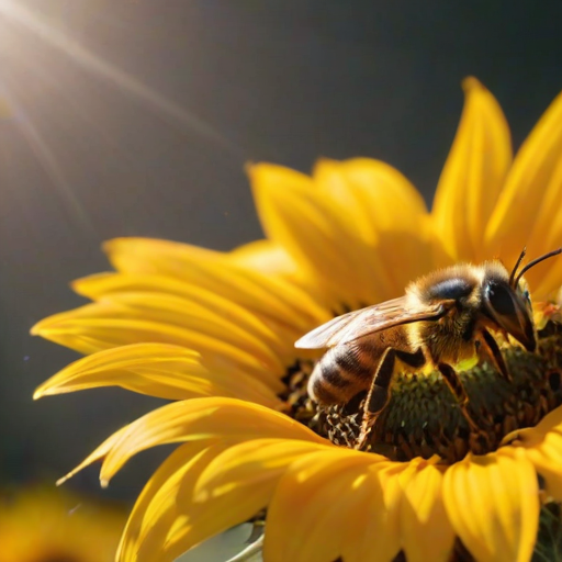 Sharp, high-resolution close-up of a bee landing on a sunflower, soft light reflecting off the petals, tiny details of the bee's wings and pollen visible, the smell of fresh flowers lingering in the air, a sense of summer vibrancy captured.