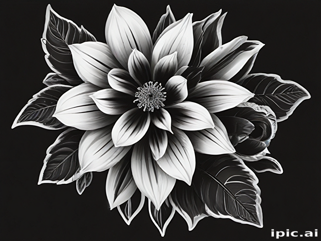 Elegant Black and White Floral Arrangement with Detailed Leaves and Petals