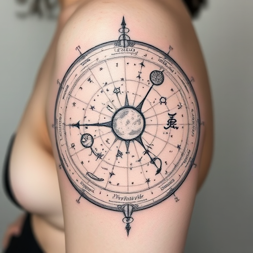 Illustrative fine line tattoo called "Celestial Cartography" depicting a detailed star map with constellations and zodiac symbols using delicate black lines and subtle gray shading