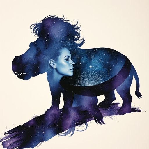 Captivating conceptual render alcohol ink art, double exposure, the paint strokes artfully merge combining a woman's full silhouette with a Lounging hippo's silhouette. The figures are composed of a series of colored dots, lines & spots that evoke the image of a cosmic galaxy, colors are deep shades of blue purple & black with flashes of white & silver representing distant stars. The woman's silhouette is formed within the lion's silhouette from constellations of scattered stars, surreal