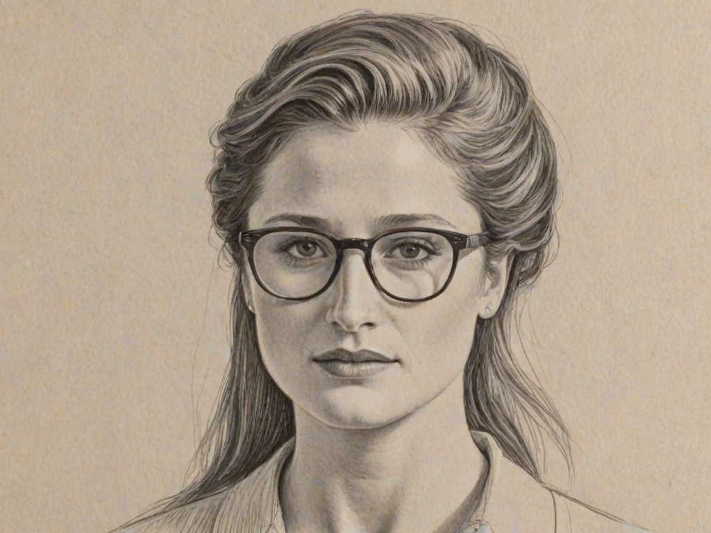 Bewitching Grace Gummer, pencil sketch, portrait of Graceful woman 1955s in glasses, hair style beatnik, outline, clear lines, fine lines, 8k