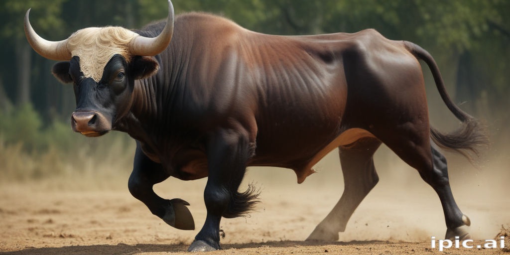 A Strong Bull with Unique Hair Design Running Through Dusty Field.