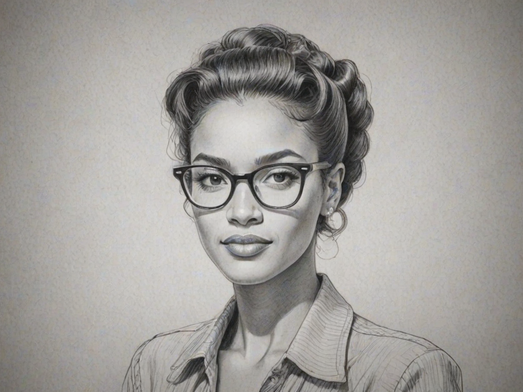 Radiant Annie Ilonzeh, pencil sketch, portrait of Attractive woman 1945s in glasses, hair style beatnik, outline, clear lines, fine lines, 8k