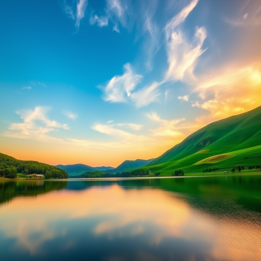 Create a high-resolution image of a serene landscape with lush green hills, a calm lake reflecting the sky at dawn, use a DSLR camera, with a 50mm lens, aperture set to f/8, ISO 100, shot from a frontal view, utilizing natural lighting for a vibrant color palette.