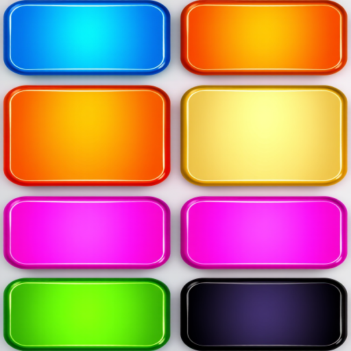 Create a vibrant digital image of eight glossy rectangular buttons in a grid layout, each button featuring a different solid color: blue, orange, yellow, green, red, pink, purple, and black, with soft gradients and highlights to enhance depth, shot using a high-resolution digital camera at f/4 aperture, ISO 100, 1/125 sec shutter speed, with a 50mm lens from a straight-on view and soft lighting to ensure clarity and vibrancy.