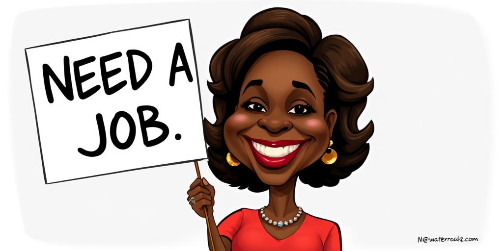 caricature of a smiling Viola Davis in a Carmine dress or suit, holding up a sign that says "NEED A JOB", no watermark,