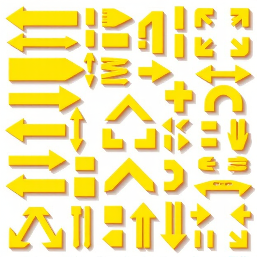 Create a high-resolution vector image of various yellow arrow designs including straight arrows, curved arrows, and triangular arrangements, using a DSLR camera with a 50mm lens, f/8 aperture, and ISO 100, shot in a top-down view with natural lighting for enhanced clarity.