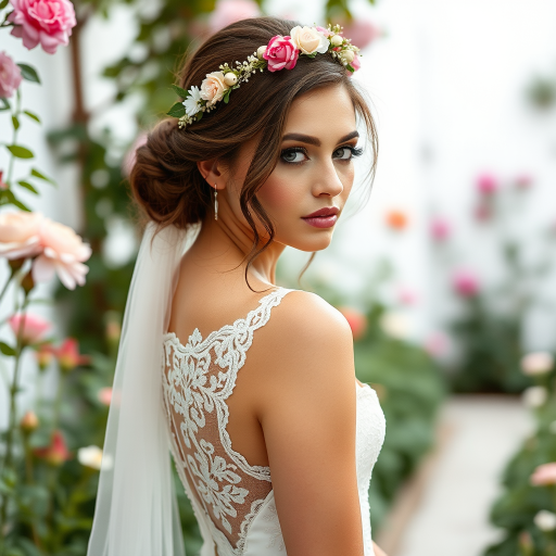 garden scene, bridal model, delicate lace gown, floral headpiece, soft romantic focus, high-key lighting and an 85mm lens for soft, even tones that highlight the model’s face and bright outfit against a white or light background