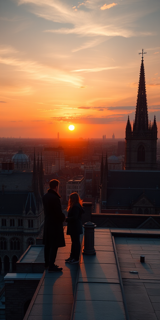 Generate a high-resolution image of a sunset over a city skyline with gothic architecture, featuring two figures overlooking the city from a rooftop, using a DSLR camera with a 24mm lens, f/8 aperture, ISO 200, and a warm color palette.