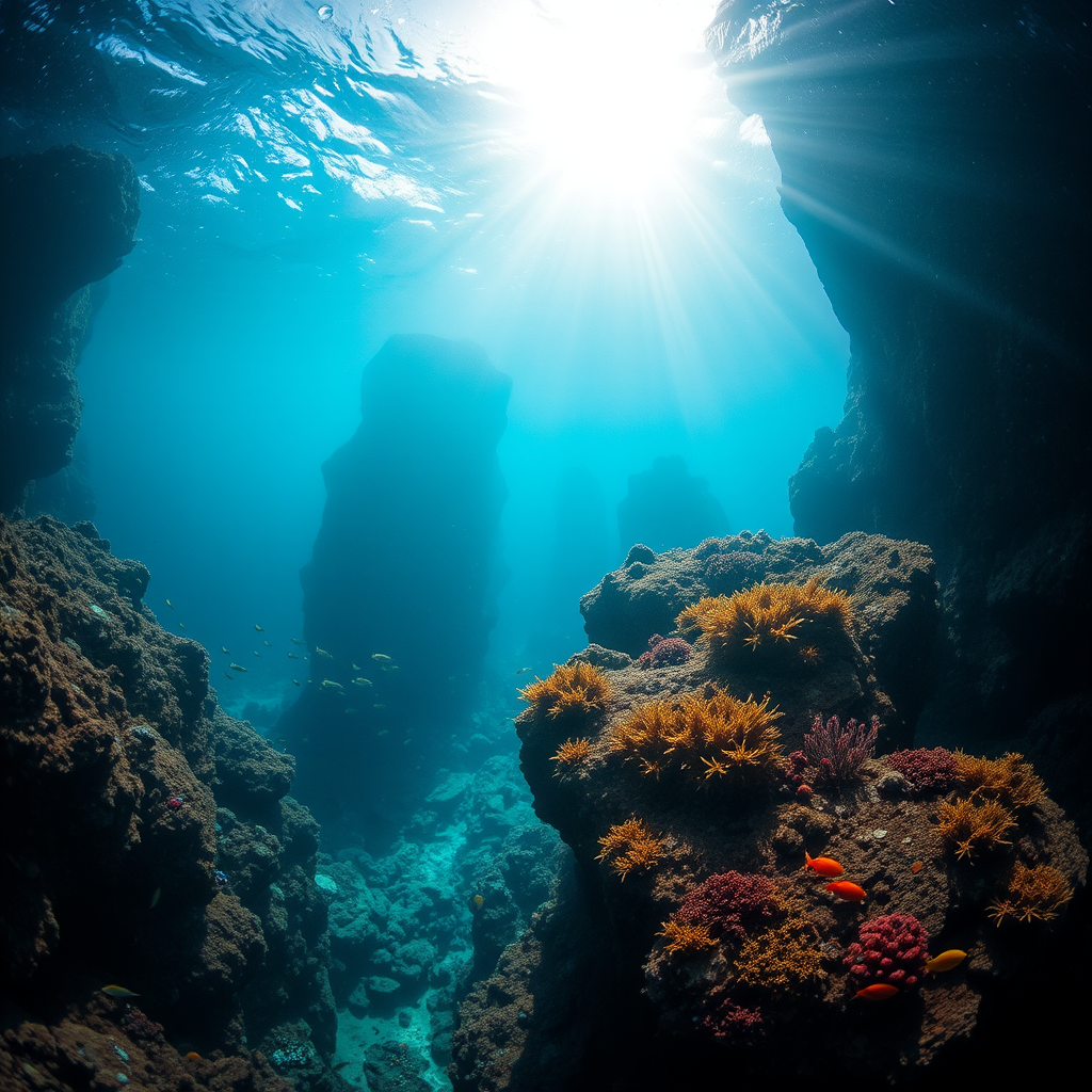 Underwater scene with sunlight filtering through water, showcasing rocky formations and vibrant marine life, shot with a Canon EOS R5, f/11 aperture, ISO 100, 1/60 sec shutter speed, wide-angle lens, capturing a serene and immersive underwater perspective.