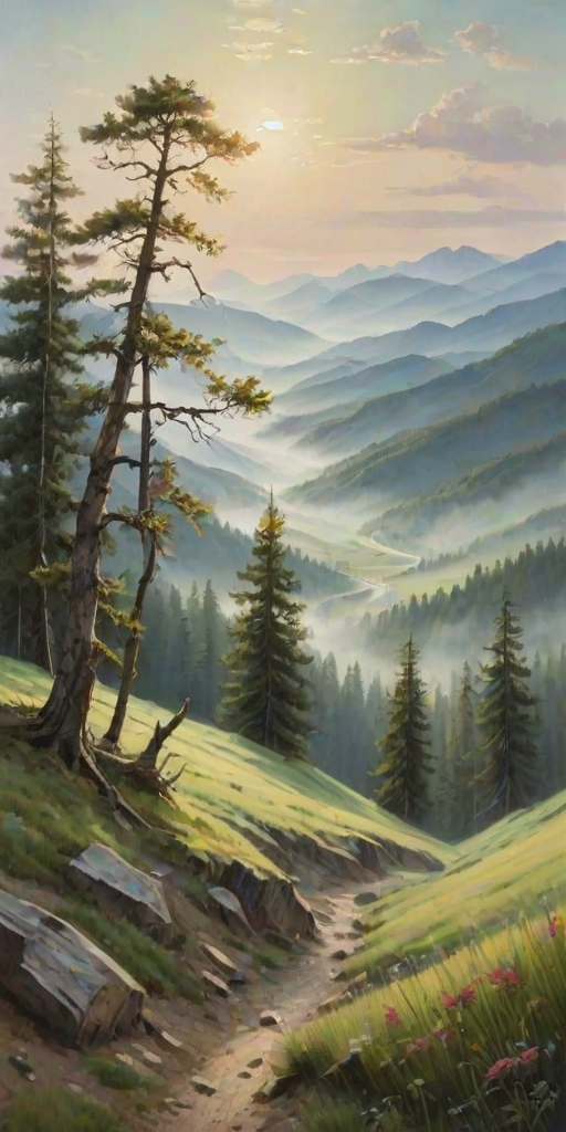 A tranquil and mysterious landscape painting, with vibrant trees in the foreground whose branches stretch towards the sky, echoing distant mountains. Rolling hills emerge through mist, varying in shapes from sharp to gentle, scattered throughout the scene. The overall color scheme is cool-toned, with a blue-gray sky contrasting against light green vegetation. Light streams in from the left side, adding depth and dimension to the painting, making mountain outlines clearer and the mist more ethereal. This poetic natural scenery showcases the majesty of nature, creating a serene and profound atmosphere through detailed handling and color application.