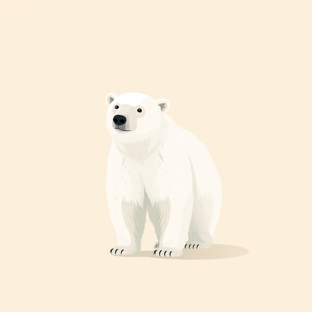 Create a minimalist illustration of a polar bear standing on a soft beige background, using a Canon EOS R5 camera, aperture set to f/4, shutter speed at 1/125s, ISO 100, 50mm lens for crisp detail and soft focus, in a studio lighting setup.