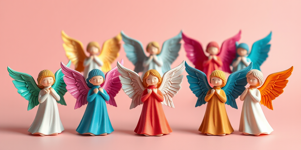 Generate a high-resolution image of six stylized angel figures with varying wing designs and colors, using a Canon EOS 5D Mark IV camera with an 85mm lens, aperture set to f/2.8, ISO 100, and a shallow depth of field to enhance the clarity and vibrancy of the colors, in a symmetrical layout against a solid background.