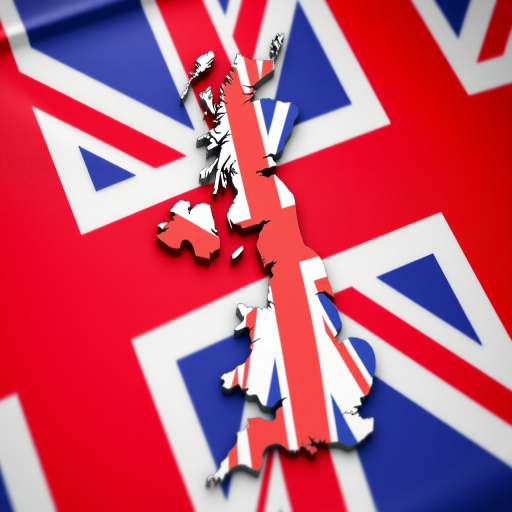 Create a 3D-rendered image of the United Kingdom map overlaid with the Union Jack, using a DSLR camera with a 50mm lens, aperture set to f/2.8, ISO 100, and a shallow depth of field for enhanced clarity, shot from a slightly elevated angle to give a dynamic perspective.