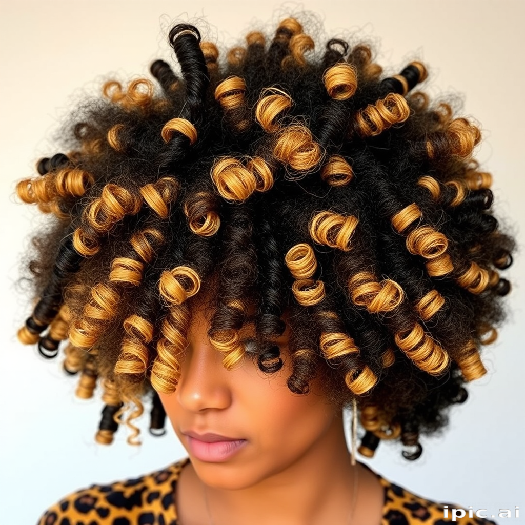 Funky leopard print hair featuring a blend of black, golden blonde, and warm brown tones, styled in a voluminous afro with defined coils
