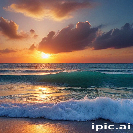 Serene Sunset Over Ocean Waves with Colorful Sky and Gentle Clouds