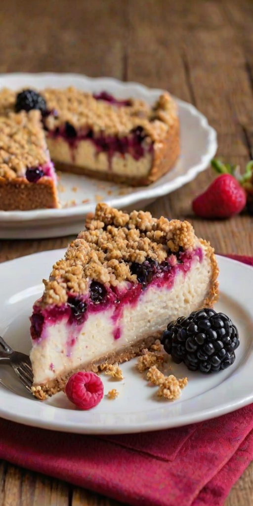 Generate an image of a delicious slice of berry crumble cheesecake on a white plate. The cheesecake should have a creamy texture with a mix of raspberries and blackberries visible. The crumble topping should be golden and slightly crunchy, adding a rustic look. The background should feature a wooden table with a few scattered berries for a fresh touch.