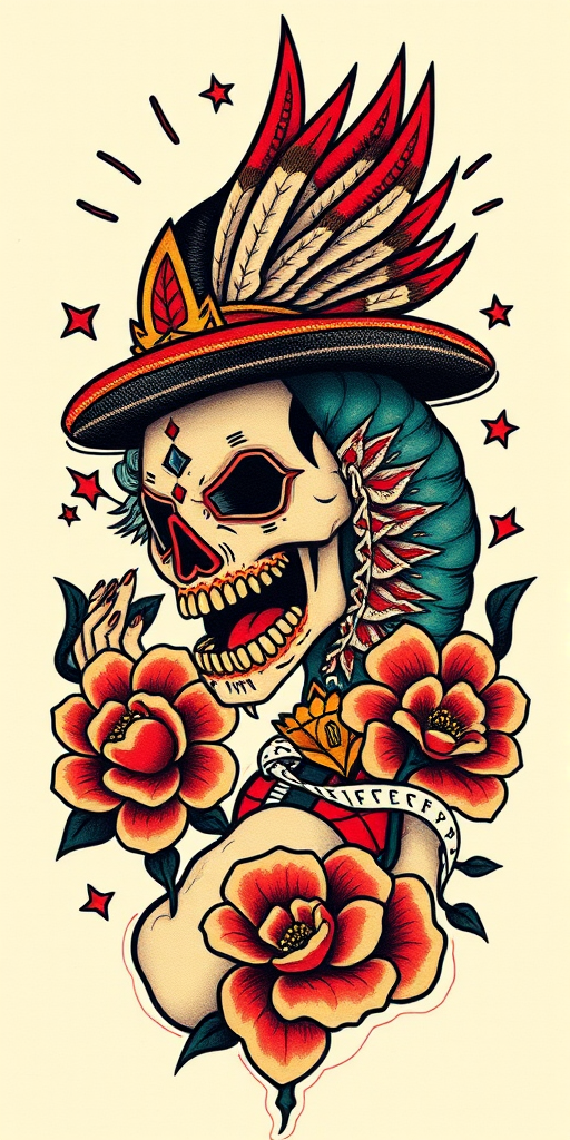 Traditional American tattoo reimagined with a modern twist, featuring bold linework and vibrant colors in a mashup of classic motifs and contemporary pop culture references