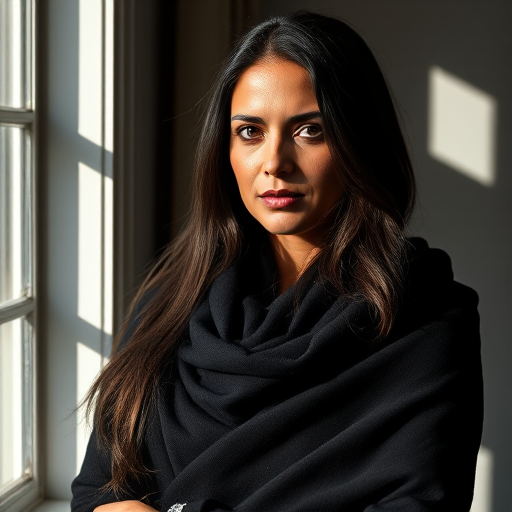 Generate a portrait of a woman with long dark hair wearing a black shawl, standing near a window with soft diagonal light casting shadows, using a 50mm lens, f/1.8 aperture, ISO 100, and a Canon DSLR camera for enhanced image quality.