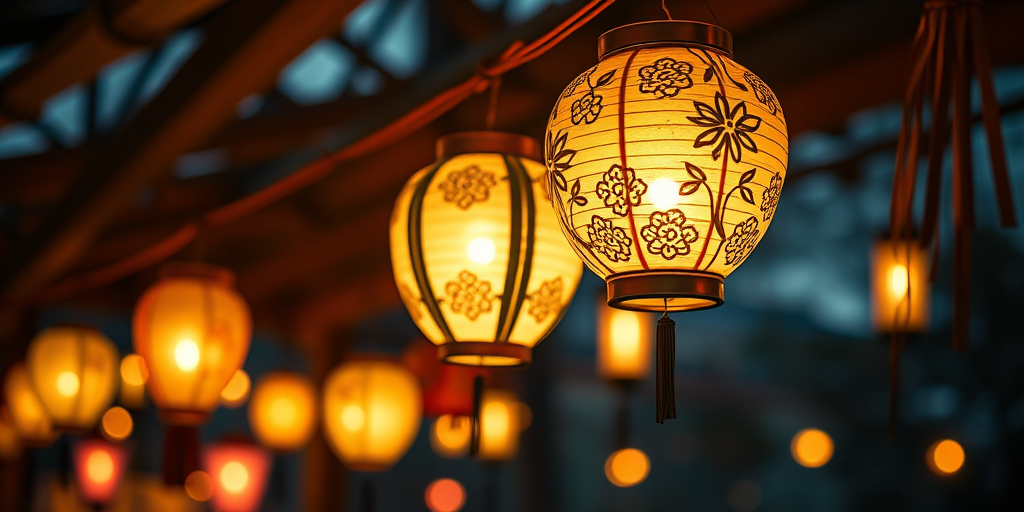 Create an image of illuminated paper lanterns hanging in a cozy evening setting, with intricate designs casting beautiful shadows, using a DSLR camera, f/1.8 aperture, ISO 200, 50mm lens, soft focus background, warm color palette.