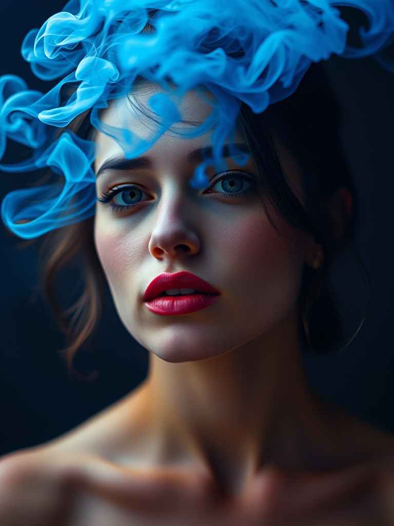 portrait of a woman with blue smoke swirling around her head, soft lighting, shallow depth of field, Canon EOS R5, f/1.8, 50mm lens, ISO 100, 1/200s, high contrast and vibrant colors