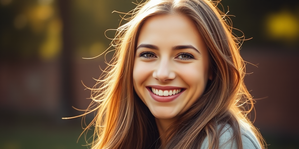 Generate a warm outdoor portrait of a woman smiling with long hair in soft natural light, DSLR camera, aperture f/2.8, ISO 100, 50mm lens, shallow depth of field, slight bokeh in the background.