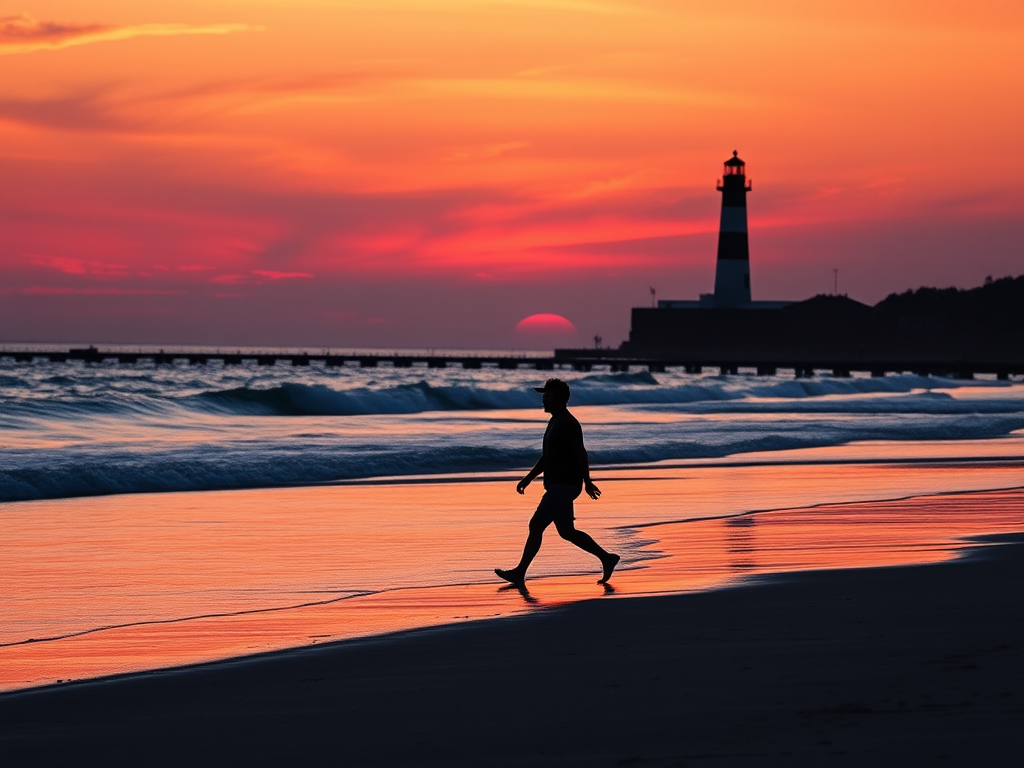 sunset beach scene with a silhouette of a person walking by the water, lighthouse in the background, soft waves and vibrant orange and purple sky, taken with a Canon EOS R5, 50mm lens, aperture f/1.8, ISO 100, shutter speed 1/200s, wide-angle view for enhanced depth and clarity