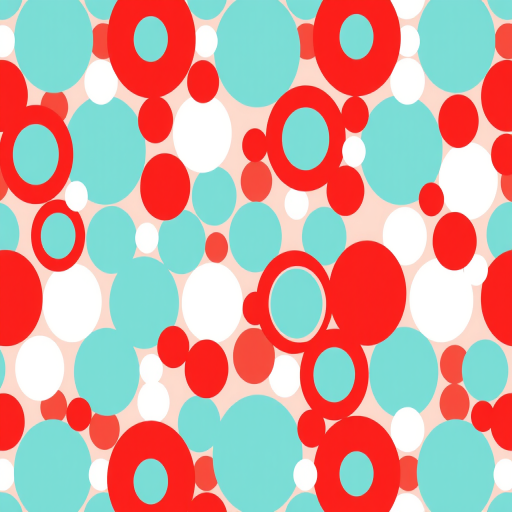 create a seamless pattern of colored circles in red, turquoise, and white, use a high resolution 5000x5000, aperture f/8, ISO 100, shooting from a 45-degree angle with a DSLR camera for enhanced texture and detail