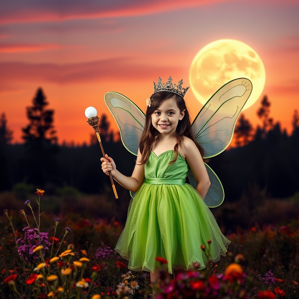 A vivid photo  taken under a bright camera flash of a fantastical scene set against a backdrop of a forest during sunset. The main subject is a girl dressed as a fairy, adorned with translucent wings and a green dress, holding a wand, her face is happy, and she wears a crown on her head. The forest behind her is a blend of flowers, shrubs and trees. The sky is painted in hues of orange and pink, with a large, glowing moon casting a warm glow over the scene. The overall color palette is dominated by earthy tones.