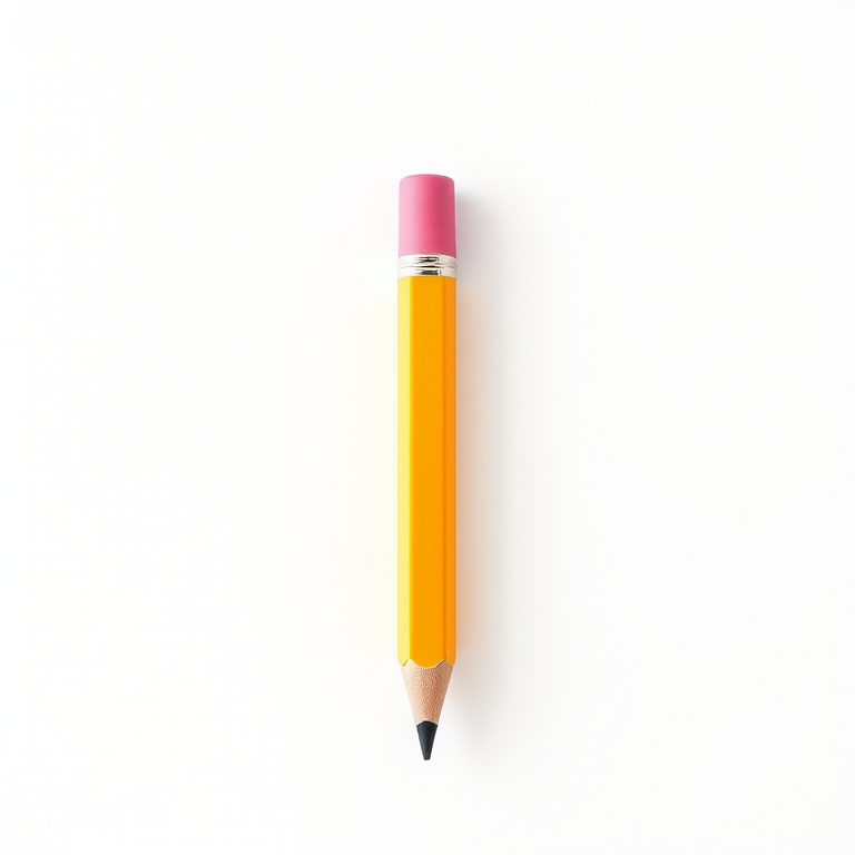 Create a digital illustration of a yellow pencil with a pink eraser, positioned vertically on a plain white background, with a focus on vibrant colors and clean lines, using a Canon EOS R5, 50mm f/1.8 lens, aperture f/2.8, ISO 100, natural lighting for enhanced clarity and detail.