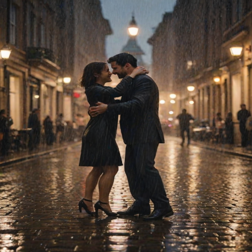 Blurry, candid shot of a couple dancing in the rain on a cobblestone street, the wet ground reflecting the soft glow of nearby streetlights, with distant pedestrians watching from under umbrellas.
