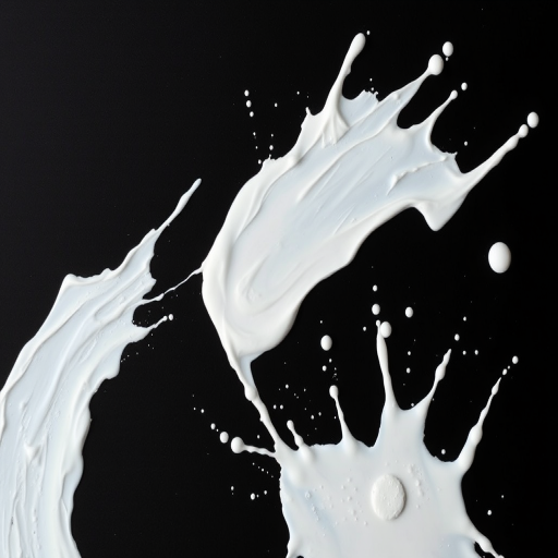 Create an abstract white paint splash on a black background, using a DSLR camera with a 50mm lens, aperture set to f/1.8, ISO 100, and a shutter speed of 1/200s, with a top-down view and soft lighting to enhance contrast and detail.