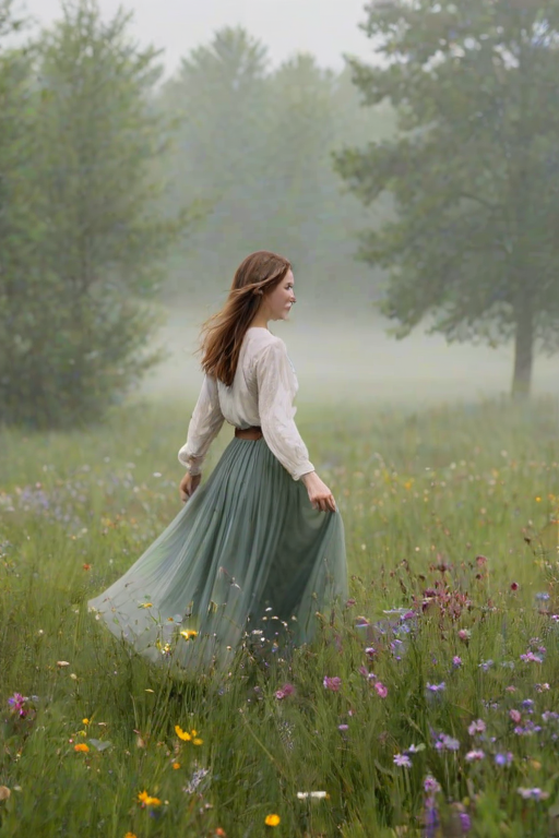 Foggy countryside meadow, with wildflowers swaying gently in the breeze, a woman in a long skirt stands in the center, her hands outstretched to feel the mist on her fingertips.
