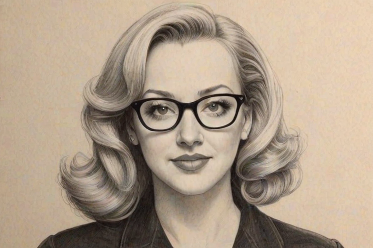 Captivating Wendi McLendon-Covey, pencil sketch, portrait of Comely woman 1941s in glasses, hair style beatnik, outline, clear lines, fine lines, 8k