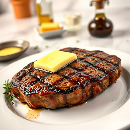 Create an image of a perfectly seared ribeye steak, resting on a white plate with a pat of melting butter on top. The steak is seasoned with fresh herbs like thyme and parsley, with glistening juices highlighting the texture of the meat. The background features a soft focus on a light, marble countertop, with a small dish of butter and an olive oil bottle in the distance. The overall mood should be warm and inviting, capturing the deliciousness and juiciness of the steak.