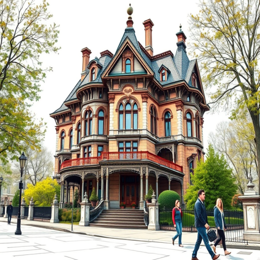 highly detailed architectural illustration of a Victorian-style mansion blending sketch and color, soft diffused lighting, wide-angle lens, ISO 200, f/11, 1/250 sec, DSLR camera, vibrant colors and sharp contrasts, include pedestrians in the foreground for scale