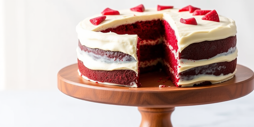 A beautifully decorated red velvet cake with white cream cheese frosting on a wooden cake stand, partially sliced to reveal the rich red interior, set against a light and airy background with soft natural lighting.