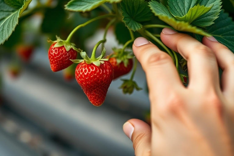 close-up of a hand reaching for ripe strawberries on a plant with a blurred background, aperture f/2.8, shutter speed 1/200 sec, ISO 100, 50mm lens, soft natural lighting, DSLR camera