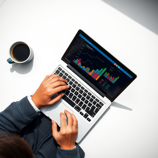 Create an overhead view of a person typing on a laptop with colorful graphs on the screen, a coffee cup beside it, high resolution, f/2.8, ISO 100, 1/60s, taken with a DSLR camera in bright daylight.