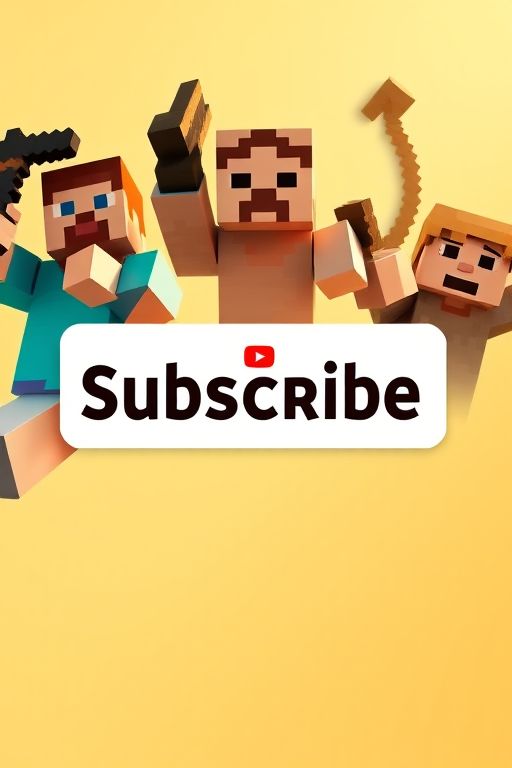 Create a vibrant graphic featuring Minecraft characters in dynamic poses, include a large, bold YouTube subscribe button with a notification bell icon in the center, use a soft gradient background for depth, shot with a DSLR camera at f/2.8 aperture, ISO 100, and a focal length of 35mm, ensuring clear focus and vivid colors.